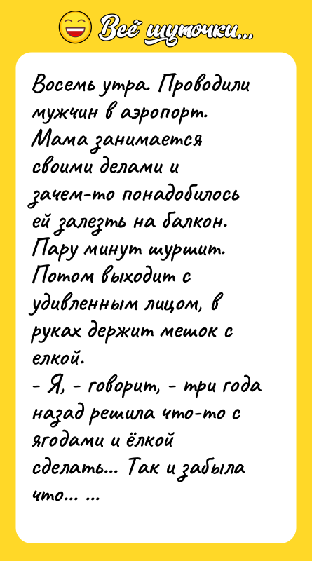 Восемь утра. Проводили мужчин в аэропорт. Мама занимается своими делами
