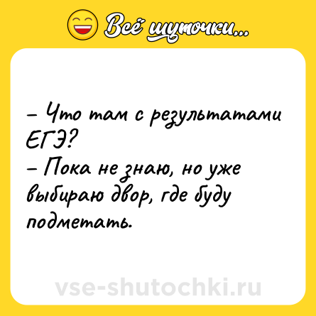 Шутка: – Что там с результатами ЕГЭ? <br>– Пока не знаю, но уже выбираю двор, где буду подметать.