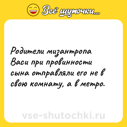 Шутка: Родители мизантропа Васи при провинности сына отправляли его не в свою комнату, а в метро.