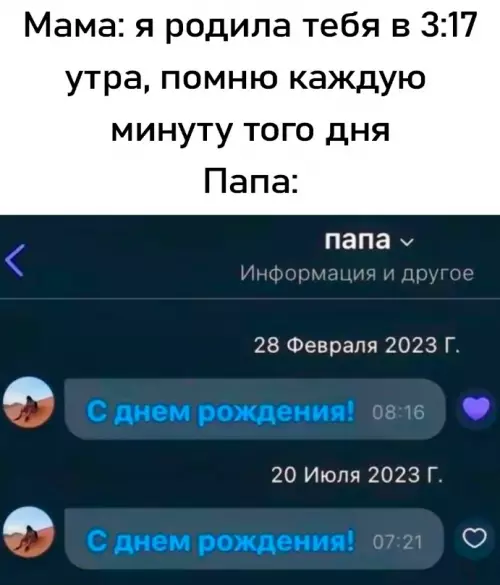 Мама помнит всё, а папа... 😅🎂 - Мама: я родила тебя в 3:17 утра, помню каждую минуту