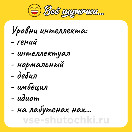 Шутка: Уровни интеллекта: <br>- гений <br>- интеллектуал <br>- нормальный <br>- дебил <br>- имбецил <br>- идиот <br>- на лабутенах нах...