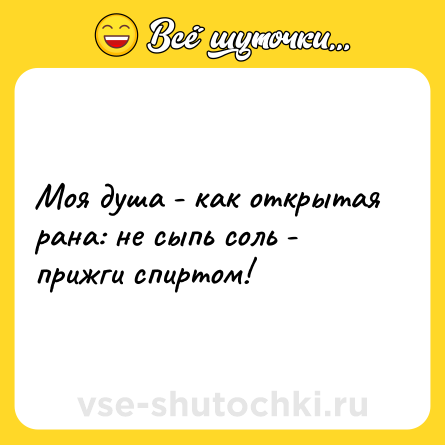 Шутка: Моя душа - как открытая рана: не сыпь соль - прижги спиртом!