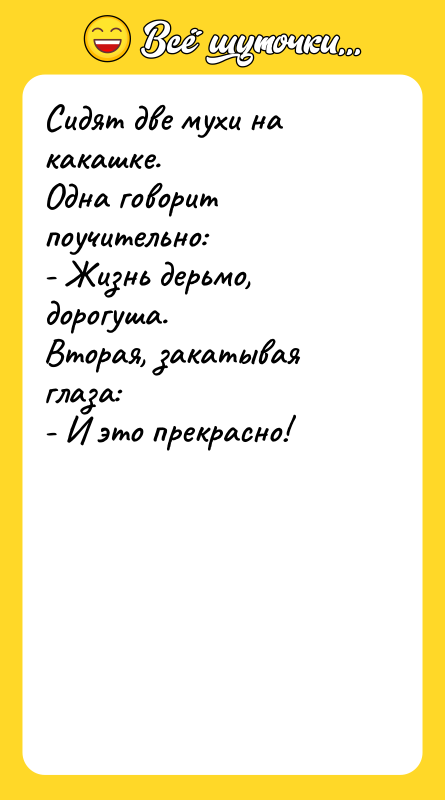 Сидят две мухи на какашке. Одна говорит поучительно: - Жизнь