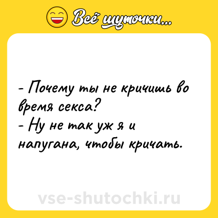 Шутка: - Почему ты не кричишь во время секса? <br>- Ну не так уж я и напугана, чтобы кричать.