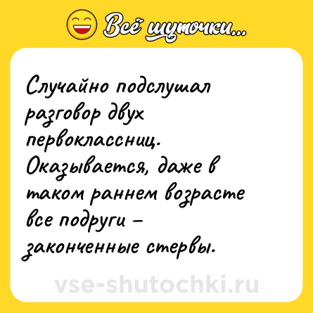 Шутка: Случайно подслушал разговор двух первоклассниц. Оказывается, даже в таком раннем возрасте все подруги – законченные стервы.
