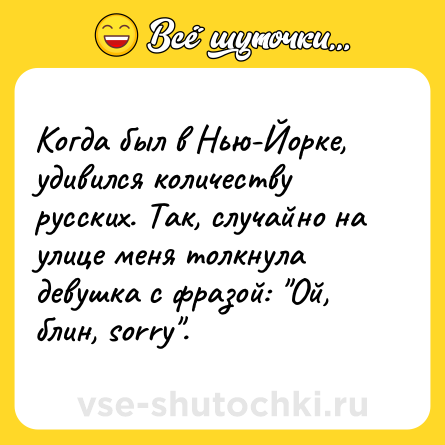 Шутка: Когда был в Нью-Йорке, удивился количеству русских. Так, случайно на улице меня толкнула девушка с фразой: 