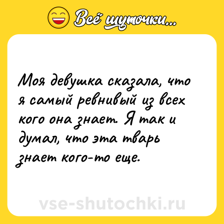 Шутка: Моя девушка сказала, что я самый ревнивый из всех кого она знает. Я так и думал, что эта тварь знает кого-то еще.
