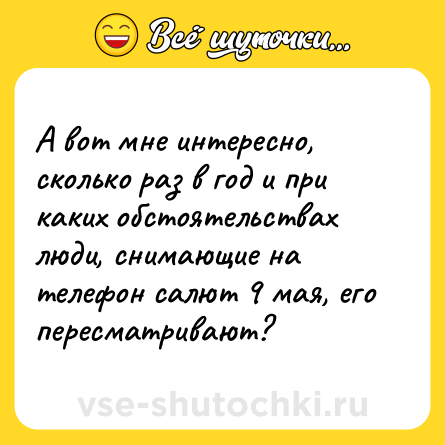 Шутка: А вот мне интересно, сколько раз в год и при каких обстоятельствах люди, снимающие на телефон салют 9 мая, его пересматривают?