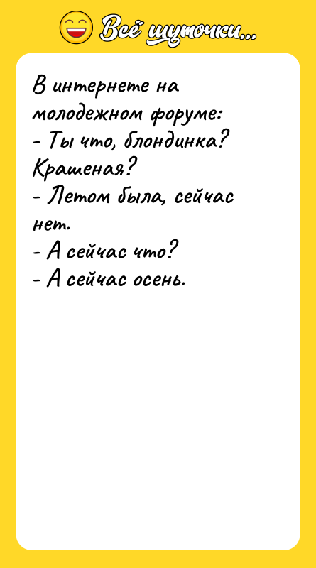 В интернете на молодежном форуме: - Ты что, блондинка? Крашеная?