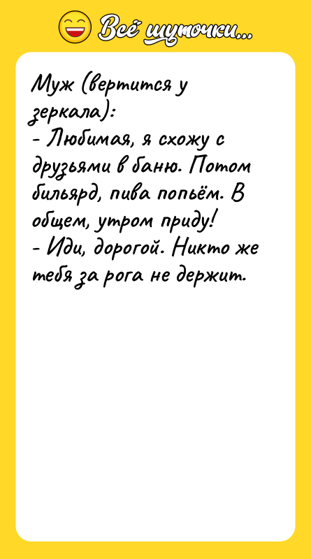 Муж (вертится у зеркала):  - Любимая, я схожу с