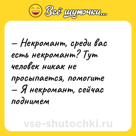 Шутка: — Некромант, среди вас есть некромант? Тут человек никак не просыпается, помогите <br>— Я некромант, сейчас поднимем