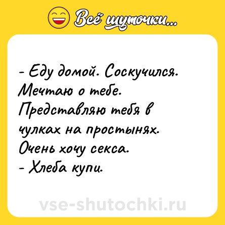 Шутка: - Еду домой. Соскучился. Мечтаю о тебе. Представляю тебя в чулках на простынях. Очень хочу секса.<br>- Хлеба купи.