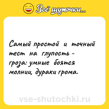 Шутка: Самый простой  и  точный  тест  на  глупость - гроза: умные  боятся  молнии, дураки грома.