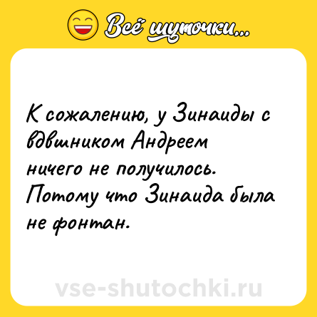 Шутка: К сожалению, у Зинаиды с вдвшником Андреем ничего не получилось. Потому что Зинаида была не фонтан.
