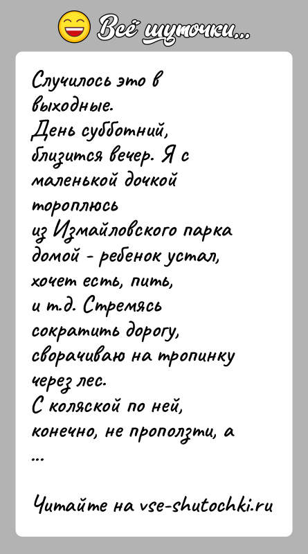 История: Случилось это в выходные.День субботний, близится вечер. Я с маленькой дочкой тороплюсьиз Измайловского парка домой - ребенок устал, хочет есть,