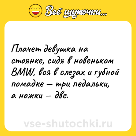 Шутка: Плачет девушка на стоянке, cидя в новеньком BMW, вся в слезах и губной помадке — три педальки, а ножки — две.