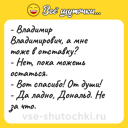 Шутка: - Владимир Владимирович, а мне тоже в отставку?<br>- Нет, пока можешь остаться.<br>- Вот спасибо! От души!<br>- Да ладно, Дональд. Не за что.