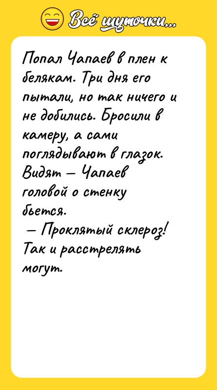 Попал Чапаев в плен к белякам. Три дня его пытали,
