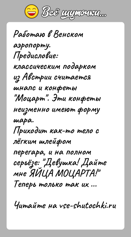 История: Работаю в Венском аэропорту.Предисловие: классическим подарком из Австрии считается шнапс и конфеты Моцарт . Эти конфеты неизменно имеют форму шара.Приходит как-то