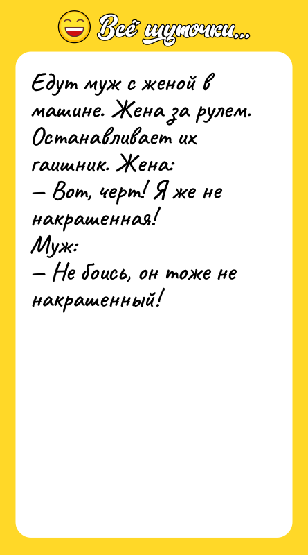 Едут муж с женой в машине. Жена за рулем. Останавливает