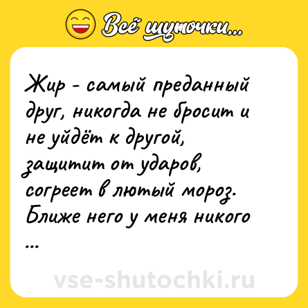 Шутка: Жир - самый преданный друг, никогда не бросит и не уйдёт к другой, защитит от ударов, согреет в лютый мороз. Ближе него у меня никого нет