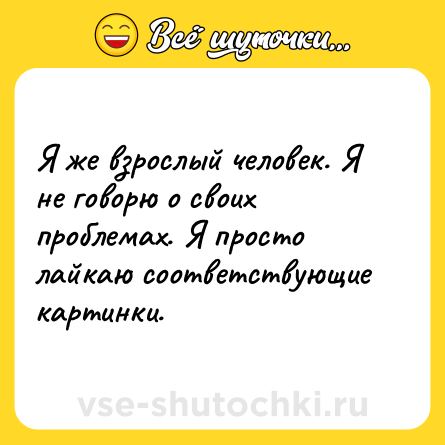 Шутка: Я же взрослый человек. Я не говорю о своих проблемах. Я просто лайкаю соответствующие картинки.