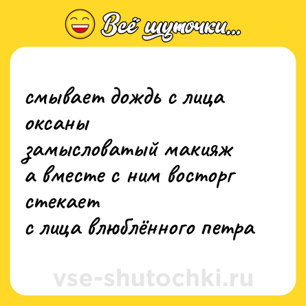 Шутка: смывает дождь с лица оксаны<br>замысловатый макияж<br>а вместе с ним восторг стекает<br>с лица влюблённого петра
