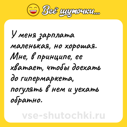 Шутка: У меня зарплата маленькая, но хорошая. Мне, в принципе, ее хватает, чтобы доехать до гипермаркета, погулять в нем и уехать обратно.