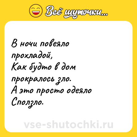 Шутка: В ночи повеяло прохладой,<br>Как будто в дом прокралось зло.<br>А это просто одеяло<br>Сползло.