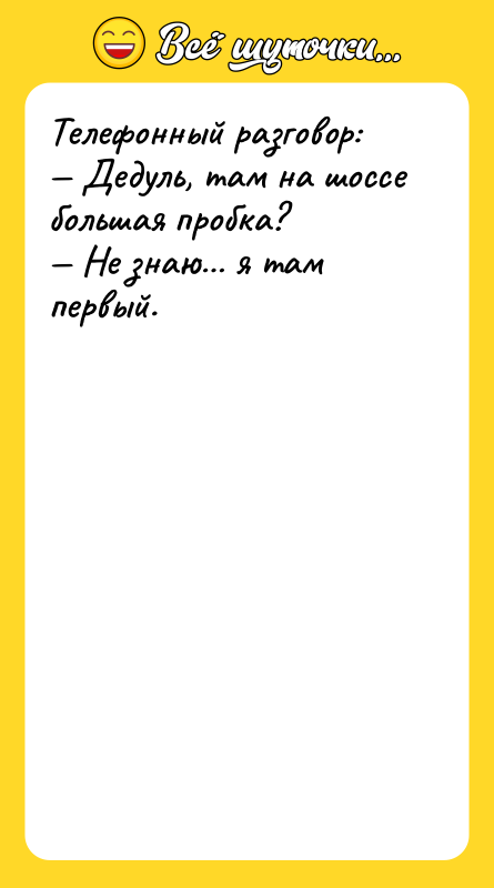 Телефонный разговор:<br/>— Дедуль, там на шоссе большая пробка?<br/>— Не знаю…