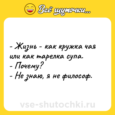 Шутка: - Жизнь - как кружка чая или как тарелка супа. <br>- Почему? <br>- Не знаю, я не философ.