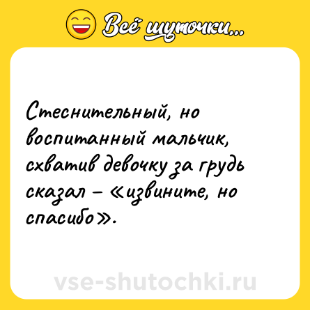 Шутка: Стеснительный, но воспитанный мальчик, схватив девочку за грудь сказал – «извините, но спасибо».