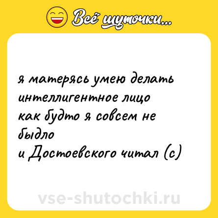 Шутка: я матерясь умею делать  <br>интеллигентное лицо  <br>как будто я совсем не быдло  <br>и Достоевского читал (с)