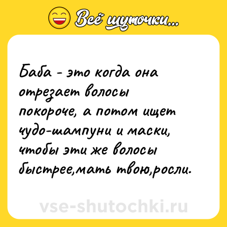 Шутка: Баба - это когда она отрезает волосы покороче, а потом ищет чудо-шампуни и маски, чтобы эти же волосы быстрее,мать твою,росли.