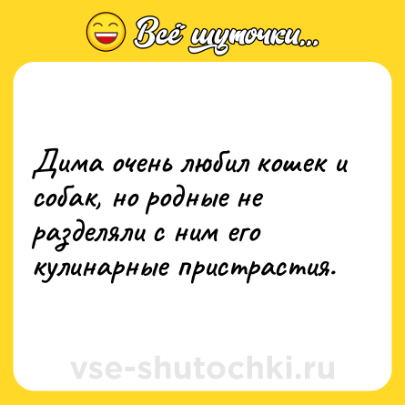 Шутка: Дима очень любил кошек и собак, но родные не разделяли с ним его кулинарные пристрастия.