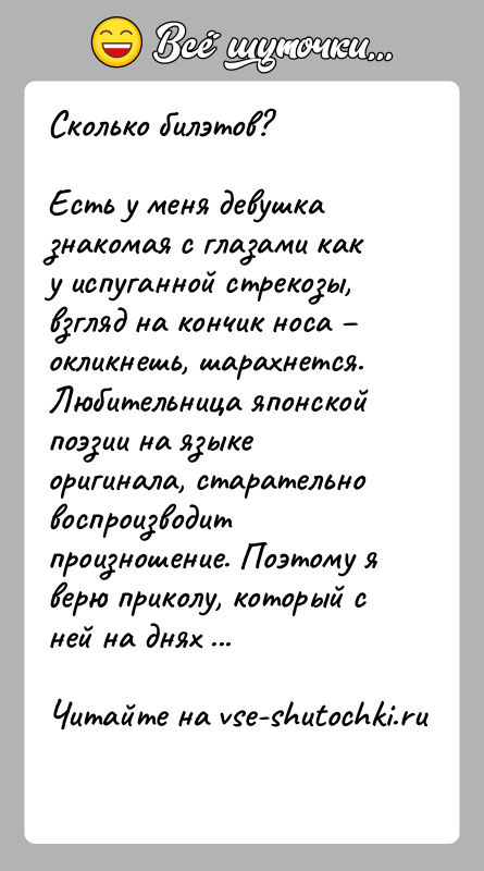 История: Сколько билэтов?Есть у меня девушка знакомая с глазами как у испуганной стрекозы, взгляд на кончик носа окликнешь, шарахнется. Любительница