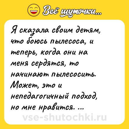 Шутка: Я сказала своим детям, что боюсь пылесоса, и теперь, когда они на меня сердятся, то начинают пылесосить. Может, это и непедагогичный подход, но мне нравится.  