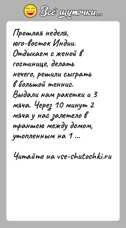 История: Прошлая неделя, юго-восток Индии. Отдыхаем с женой в гостинице, делать нечего, решили сыграть в большой теннис. Выдали нам ракетки и
