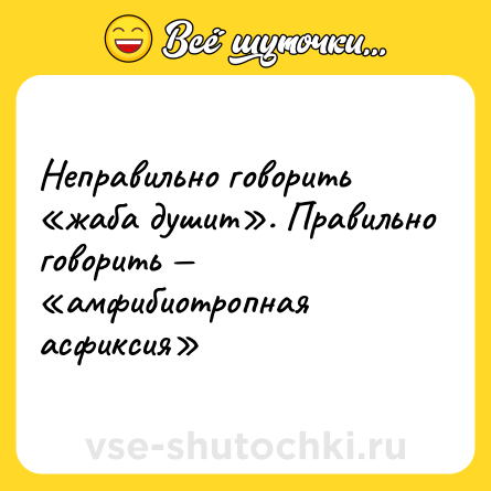 Шутка: Неправильно говорить «жаба душит». Правильно говорить — «амфибиотропная асфиксия»