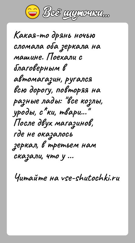 История: Какая-то дрянь ночью сломала оба зеркала на машине. Поехали с благоверным в автомагазин, ругался всю дорогу, повторяя на разные лады: