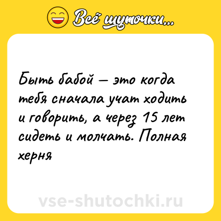Шутка: Быть бабой — это когда тебя сначала учат ходить и говорить, а через 15 лет сидеть и молчать. Полная херня