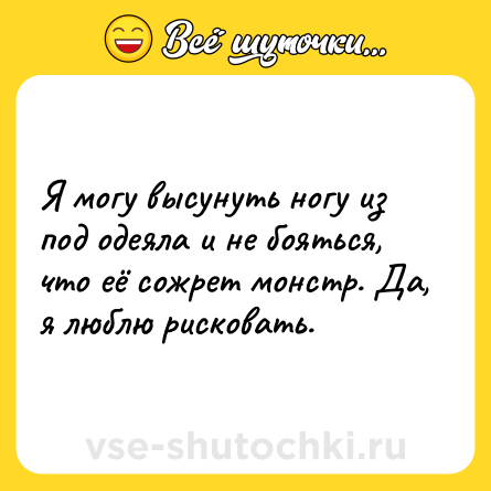 Шутка: Я могу высунуть ногу из под одеяла и не бояться, что её сожрет монстр. Да, я люблю рисковать.