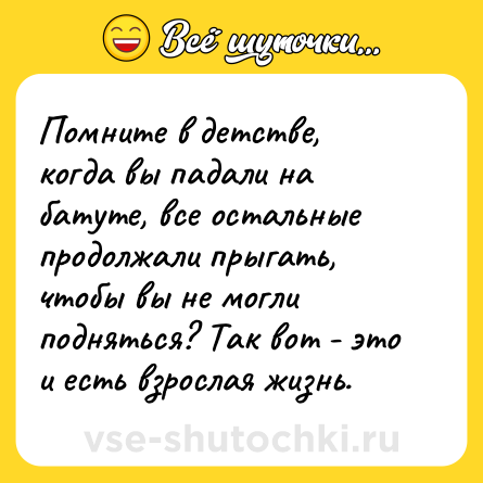 Шутка: Помните в детстве, когда вы падали на батуте, все остальные продолжали прыгать, чтобы вы не могли подняться? Так вот - это и есть взрослая жизнь.