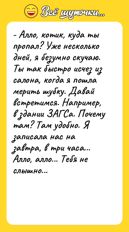 - Алло, котик, куда ты пропал? Уже несколько дней, я