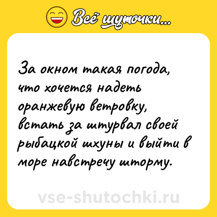 Шутка: За окном такая погода, что хочется надеть оранжевую ветровку, встать за штурвал своей рыбацкой шхуны и выйти в море навстречу шторму.
