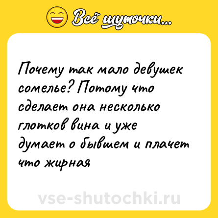Шутка: Почему так мало девушек сомелье? Потому что сделает она несколько глотков вина и уже думает о бывшем и плачет что жирная