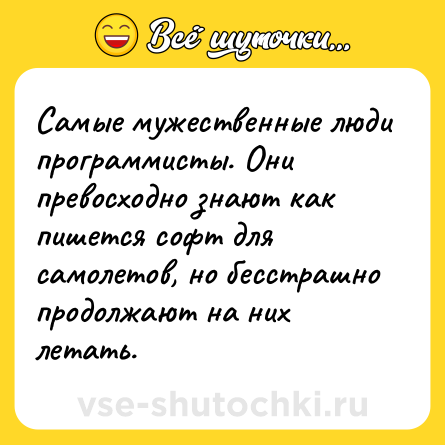 Шутка: Самые мужественные люди программисты. Они превосходно знают как пишется софт для самолетов, но бесстрашно продолжают на них летать.