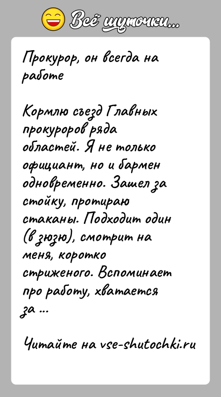 История: Прокурор, он всегда на работеКормлю съезд Главных прокуроров ряда областей. Я не только официант, но и бармен одновременно. Зашел за