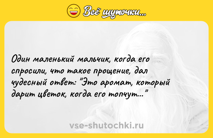 Цитата: Один маленький мальчик, когда его спросили, что такое прощение, дал чудесный ответ: Это аромат, который дарит цветок, когда его топчут...