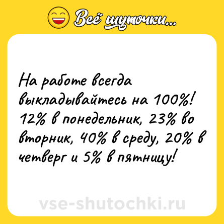 Шутка: Hа pаботе всегда выкладывайтесь на 100%!<br>12% в понедельник, 23% во втоpник, 40% в сpеду, 20% в четвеpг и 5% в пятницу!